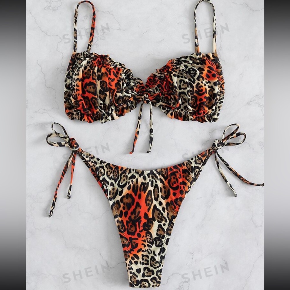 SHEIN Swim Leopard Frill Trim Bikini Swimsuit
